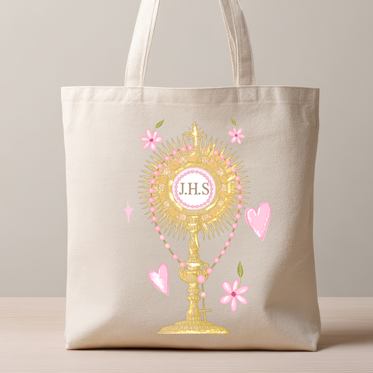 Catholic Blessed Sacrament Tote Bag – Eucharistic Adoration Canvas Tote | Feminine Christian Gift | Rosary Inspired Bag