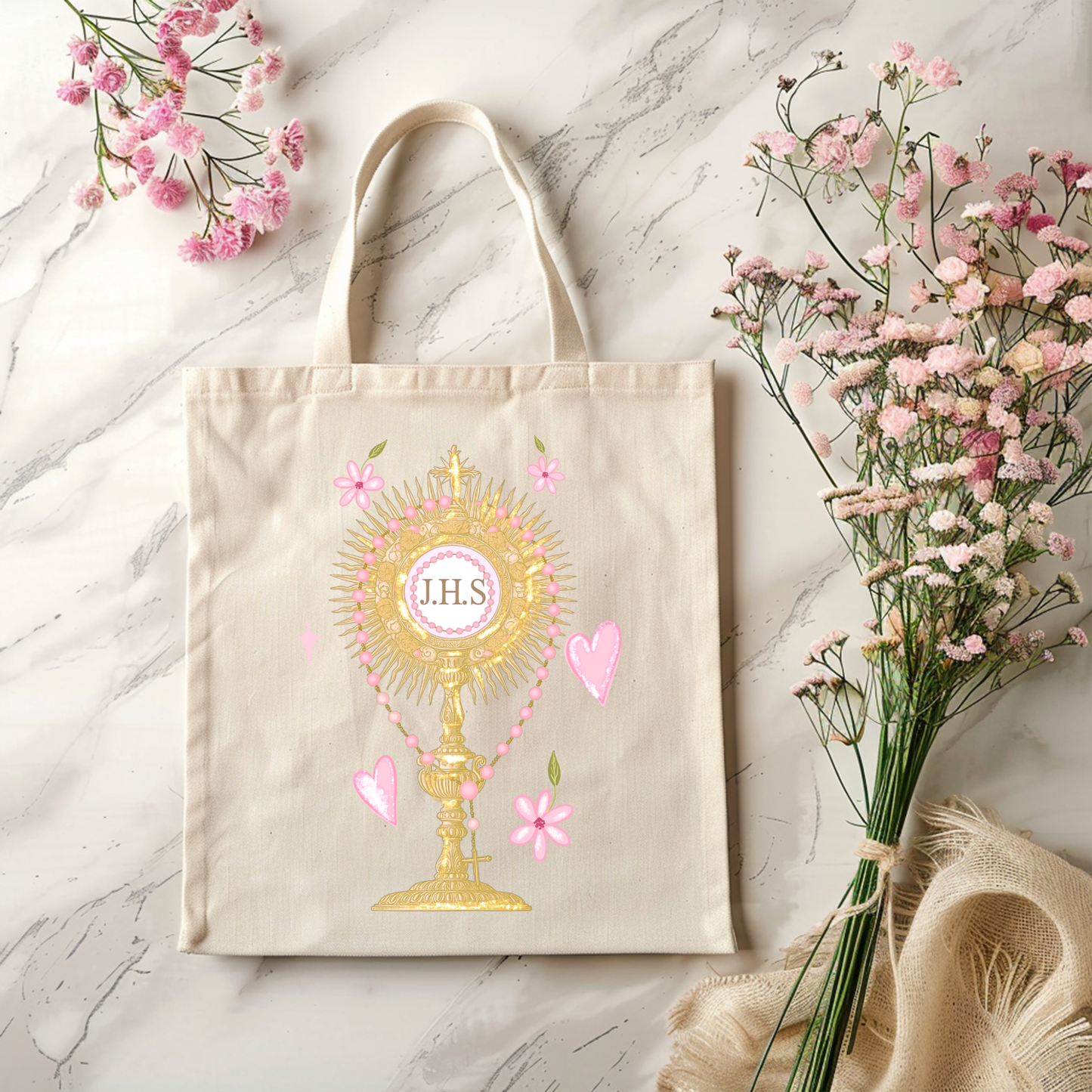Catholic Blessed Sacrament Tote Bag – Eucharistic Adoration Canvas Tote | Feminine Christian Gift | Rosary Inspired Bag