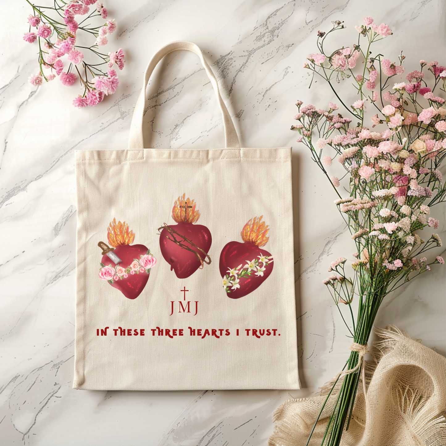 Three Sacred Hearts Catholic Tote Bag | JMJ Faith Canvas Tote | “In These Three Hearts I Trust