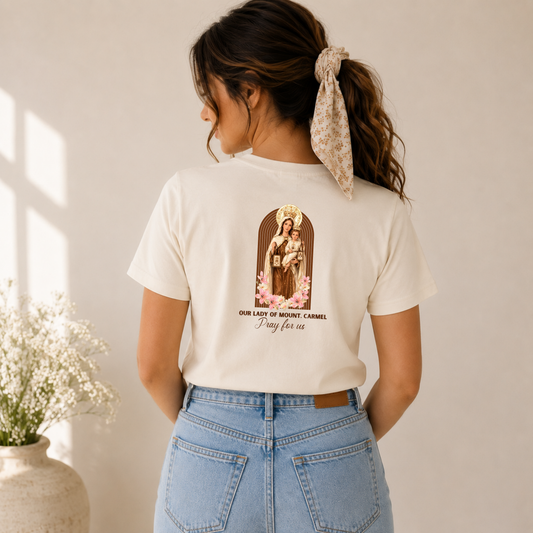 Our Lady of Mount Carmel T-Shirt | Brown Scapular Rosary Catholic Tee | Pray for Us | Bella Canvas & Comfort Colors