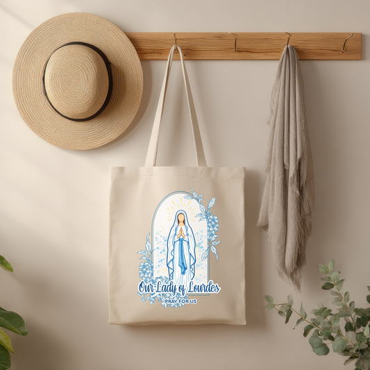 Our Lady of Lourdes Tote Bag | Catholic Marian Canvas Tote | Faith Gift