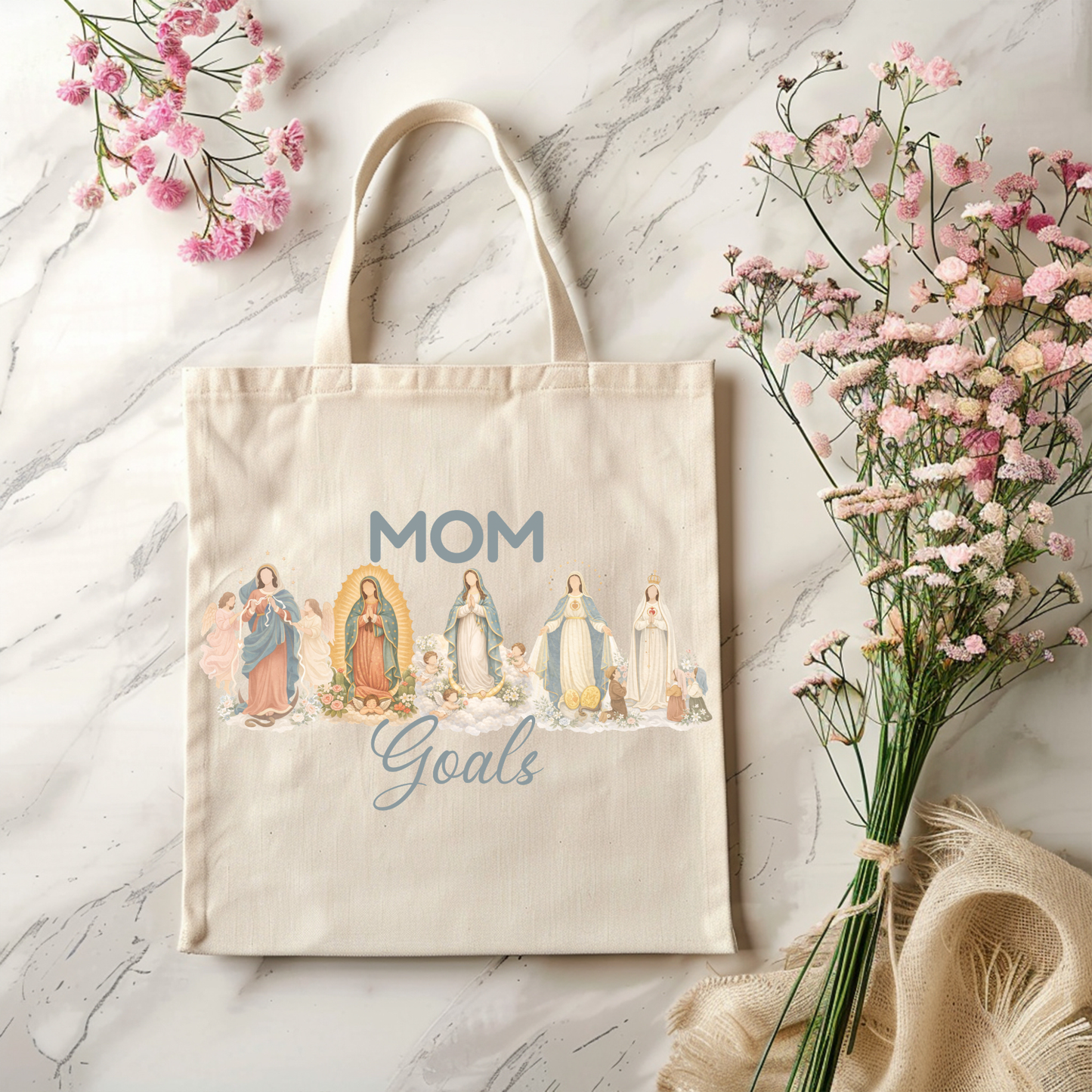 Mom Goals Catholic Tote Bag – Marian Inspired Canvas Tote | Faith-Based Everyday Bag