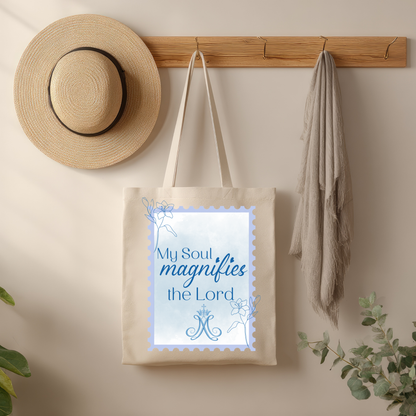 My Soul Magnifies the Lord Tote Bag | Catholic Marian Canvas Tote | Luke 1:46 Scripture Bag