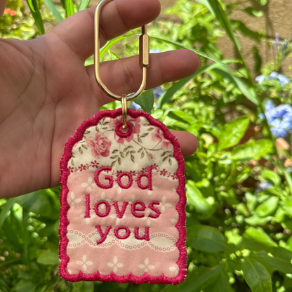 God Loves You Embroidered Bag Tag | Christian Gift & Backpack Keychain