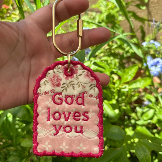 God Loves You Embroidered Bag Tag | Christian Gift & Backpack Keychain