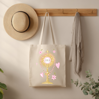 Catholic Blessed Sacrament Tote Bag – Eucharistic Adoration Canvas Tote | Feminine Christian Gift | Rosary Inspired Bag