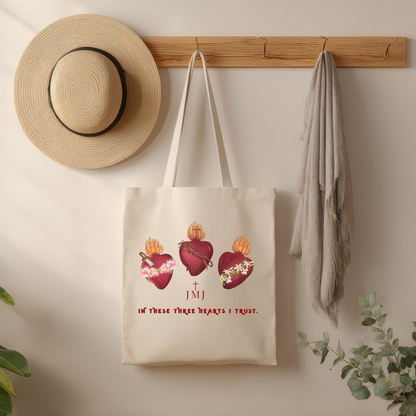 Three Sacred Hearts Catholic Tote Bag | JMJ Faith Canvas Tote | “In These Three Hearts I Trust