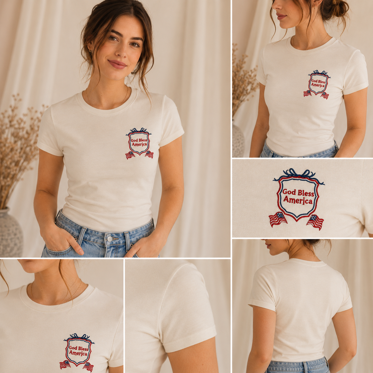 God Bless America Embroidered Women’s Fitted T-Shirt | Patriotic Christian Tee