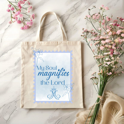 My Soul Magnifies the Lord Tote Bag | Catholic Marian Canvas Tote | Luke 1:46 Scripture Bag
