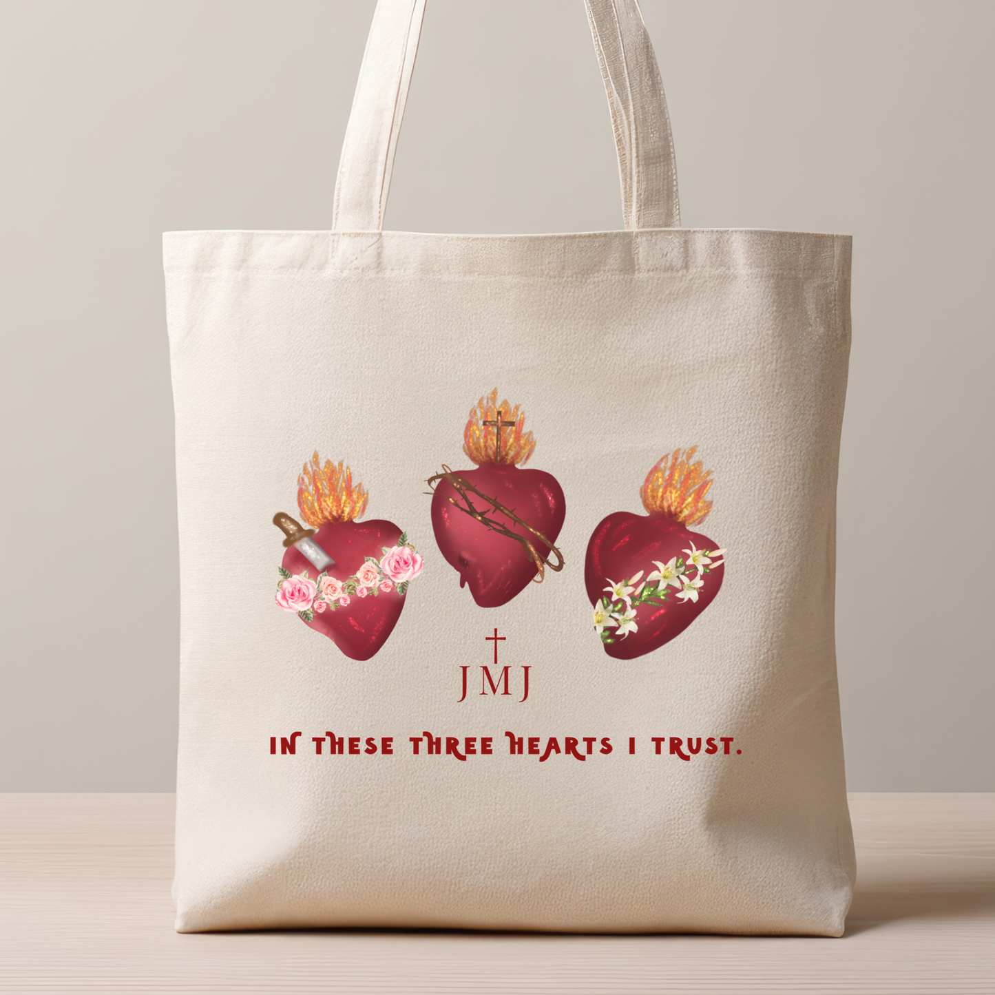 Three Sacred Hearts Catholic Tote Bag | JMJ Faith Canvas Tote | “In These Three Hearts I Trust