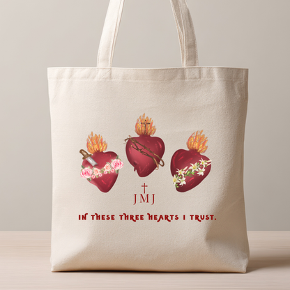 Three Sacred Hearts Catholic Tote Bag | JMJ Faith Canvas Tote | “In These Three Hearts I Trust