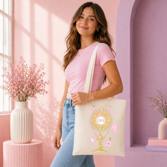 Catholic Blessed Sacrament Tote Bag – Eucharistic Adoration Canvas Tote | Feminine Christian Gift | Rosary Inspired Bag