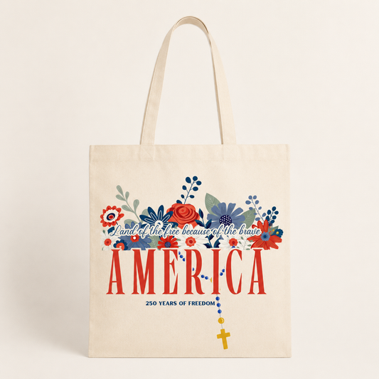 America 250 Years of Freedom Tote Bag | Patriotic Floral Canvas Tote with Rosary Cross | Catholic Gift Bag