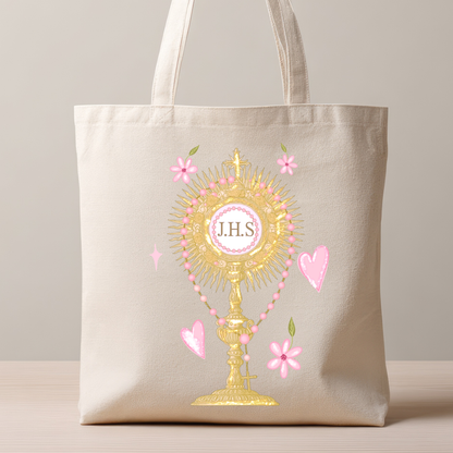 Catholic Blessed Sacrament Tote Bag – Eucharistic Adoration Canvas Tote | Feminine Christian Gift | Rosary Inspired Bag