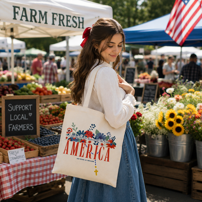 America 250 Years of Freedom Tote Bag | Patriotic Floral Canvas Tote with Rosary Cross | Catholic Gift Bag