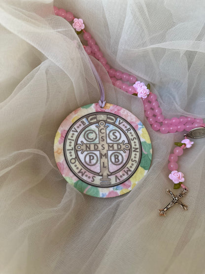 St. Benedict Medal Catholic Air Freshener | Ora et Labora | Floral Car Air Freshener