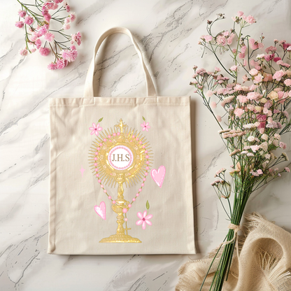 Catholic Blessed Sacrament Tote Bag – Eucharistic Adoration Canvas Tote | Feminine Christian Gift | Rosary Inspired Bag