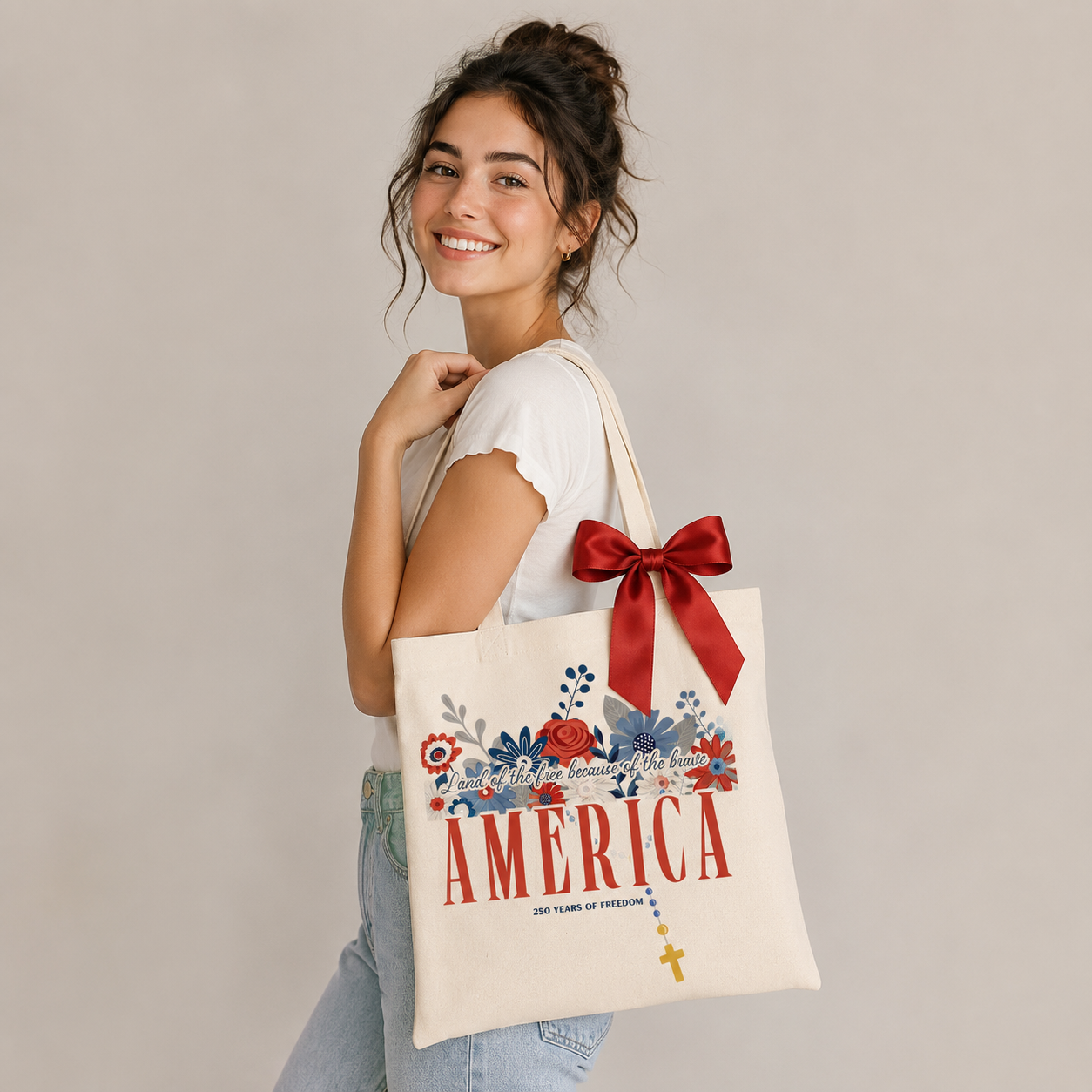 America 250 Years of Freedom Tote Bag | Patriotic Floral Canvas Tote with Rosary Cross | Catholic Gift Bag