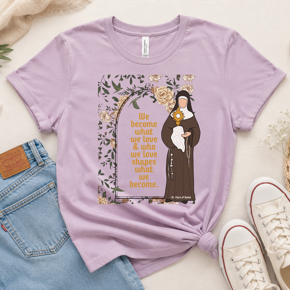 St. Clare of Assisi Tee | “We Become What We Love” Catholic T-Shirt