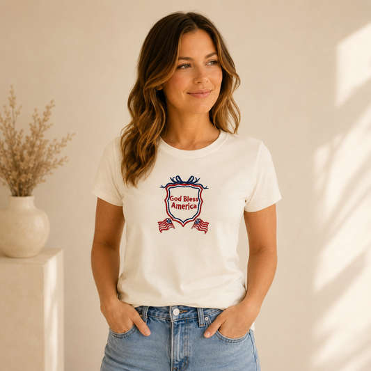 God Bless America Embroidered Women’s Fitted T-Shirt | Patriotic Christian Tee