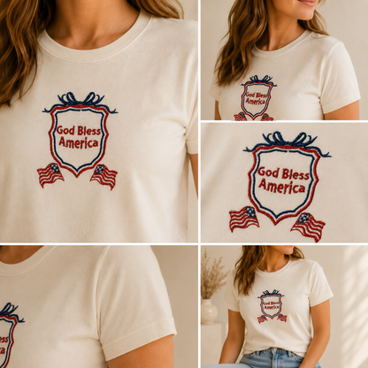 God Bless America Embroidered Women’s Fitted T-Shirt | Patriotic Christian Tee
