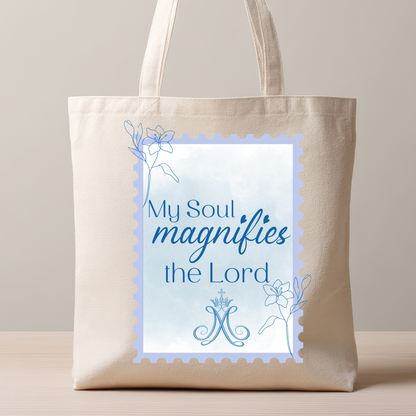 My Soul Magnifies the Lord Tote Bag | Catholic Marian Canvas Tote | Luke 1:46 Scripture Bag