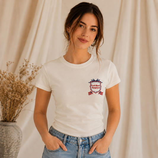 God Bless America Embroidered Women’s Fitted T-Shirt | Patriotic Christian Tee