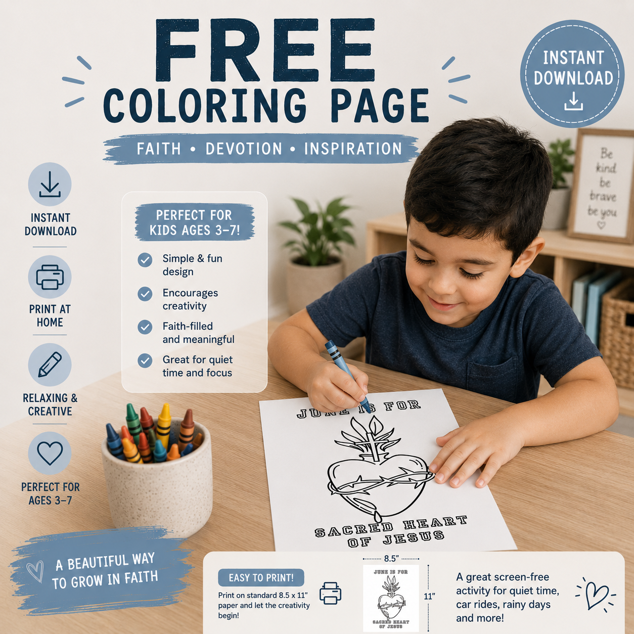 Sacred Heart of Jesus Coloring Page for Kids Ages 3–7 | Catholic Printable Activity (Free Digital Download)