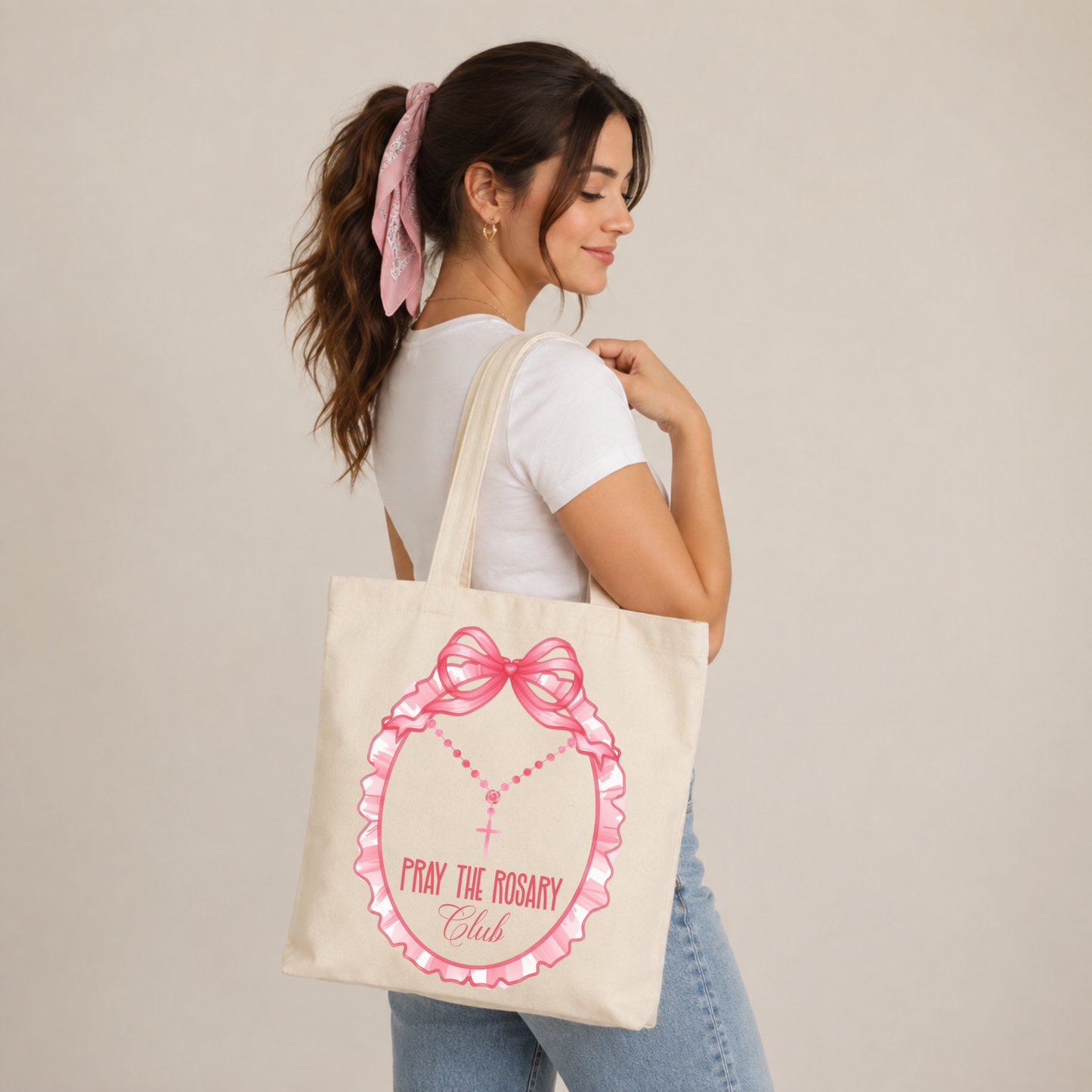 Pray the Rosary Club Tote Bag | Catholic Tote Bag for Women