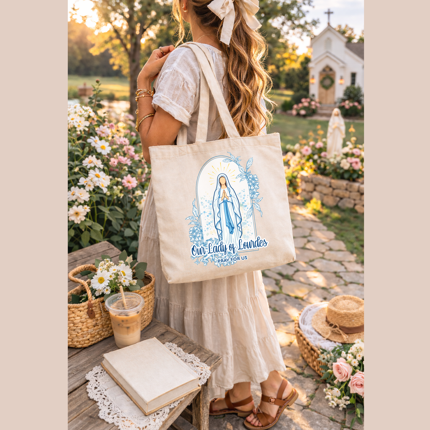 Our Lady of Lourdes Tote Bag | Catholic Marian Canvas Tote | Faith Gift
