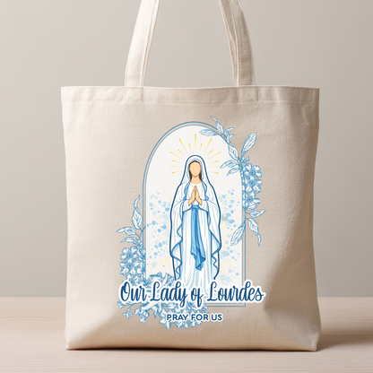 Our Lady of Lourdes Tote Bag | Catholic Marian Canvas Tote | Faith Gift