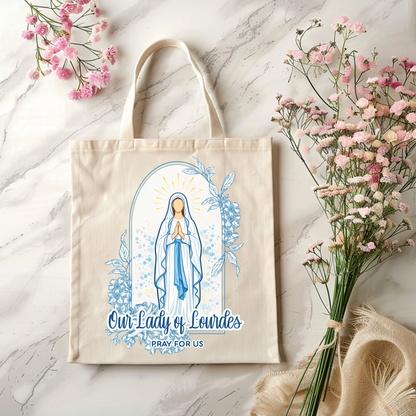 Our Lady of Lourdes Tote Bag | Catholic Marian Canvas Tote | Faith Gift