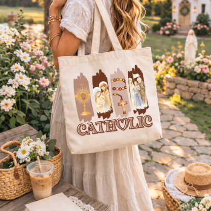 Catholic Devotional Tote Bag | Eucharist, Holy Family & Rosary Canvas Tote | Elegant Faith-Inspired Gift for Women