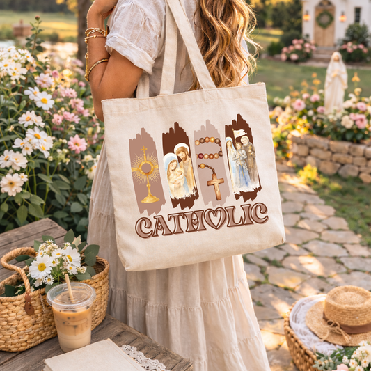Catholic Devotional Tote Bag | Eucharist, Holy Family & Rosary Canvas Tote | Elegant Faith-Inspired Gift for Women
