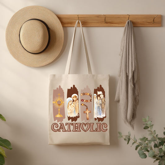 Catholic Devotional Tote Bag | Eucharist, Holy Family & Rosary Canvas Tote | Elegant Faith-Inspired Gift for Women