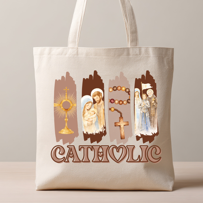 Catholic Devotional Tote Bag | Eucharist, Holy Family & Rosary Canvas Tote | Elegant Faith-Inspired Gift for Women
