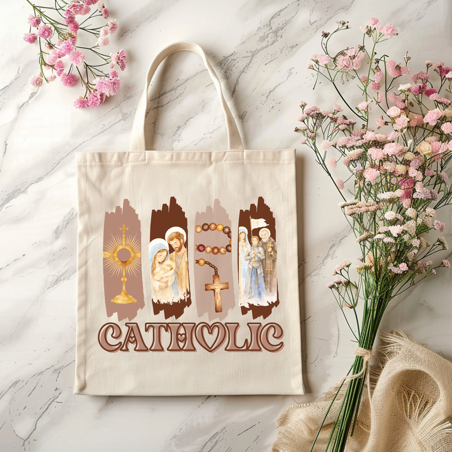 Catholic Devotional Tote Bag | Eucharist, Holy Family & Rosary Canvas Tote | Elegant Faith-Inspired Gift for Women