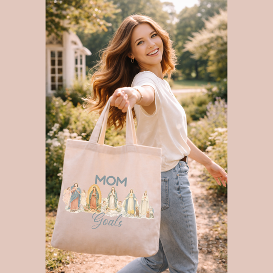 Mom Goals Catholic Tote Bag – Marian Inspired Canvas Tote | Faith-Based Everyday Bag
