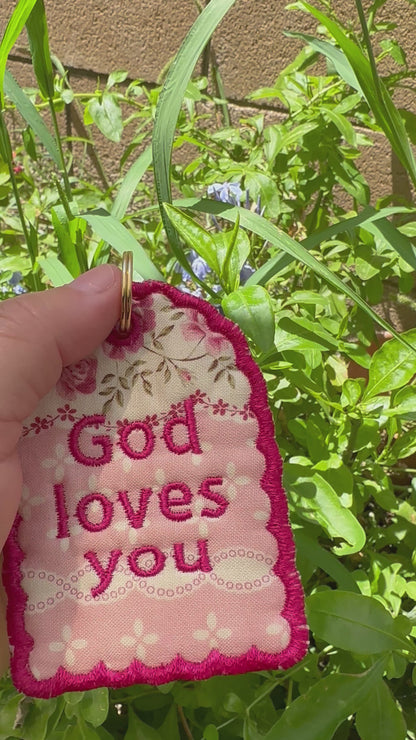 God Loves You Embroidered Bag Tag | Christian Gift & Backpack Keychain
